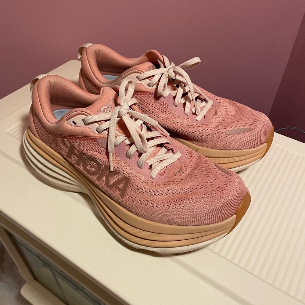 Hoka Pink and Orange Athletic Shoes with Cushioned Sole